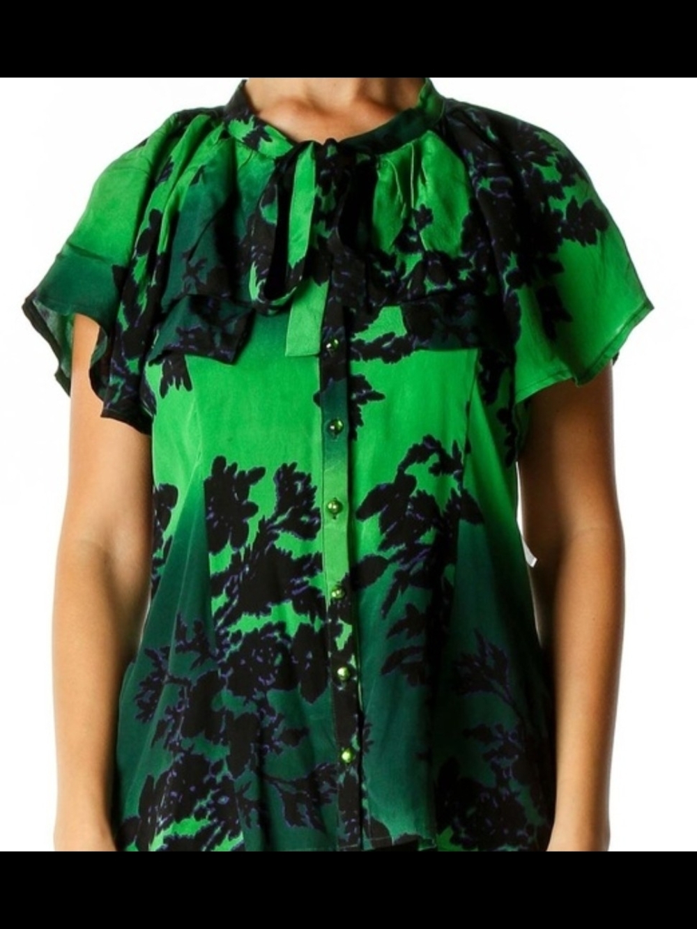 Dept Green Floral Tie-Neck Blouse with Ruffle Yoke - Women Size XS